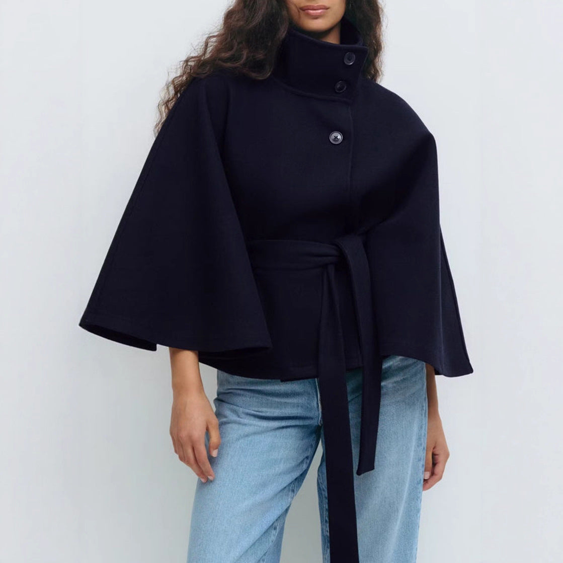 Winter High Neck Batwing Sleeve Coat with Belt Fashion Loose Elegant Button Top Trench Coat for Women Clothing