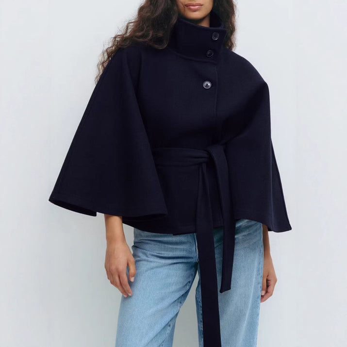 Winter High Neck Batwing Sleeve Coat with Belt Fashion Loose Elegant Button Top Trench Coat for Women Clothing